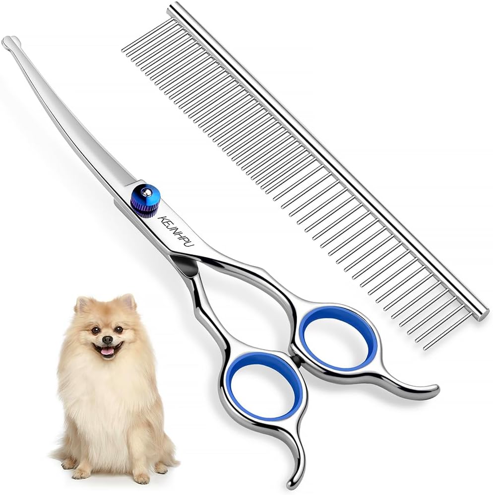 KEJNHPU Professional Dog Grooming Kit front view showing blue adjustment screw scissors and comb