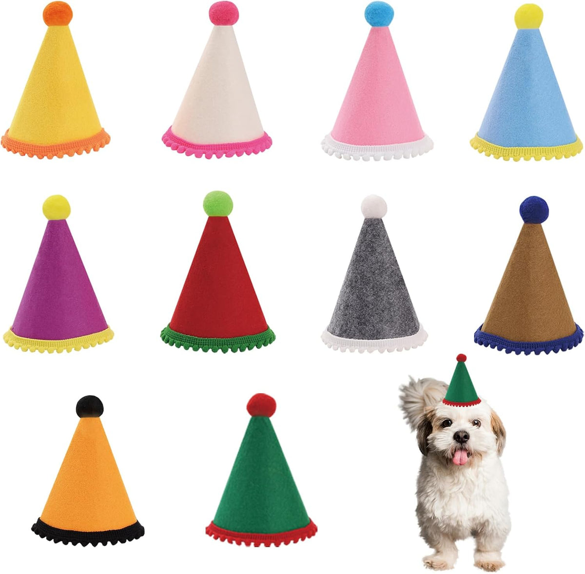 Close up of pom-pom topper on pet party hat