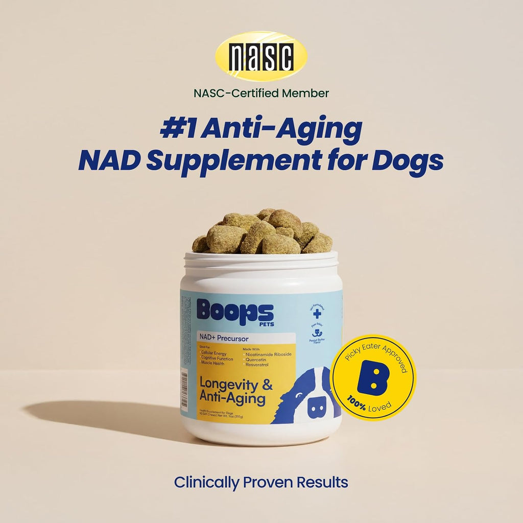 Boops Pets cellular health soft chews for aging dogs premium imported pet vitamins.