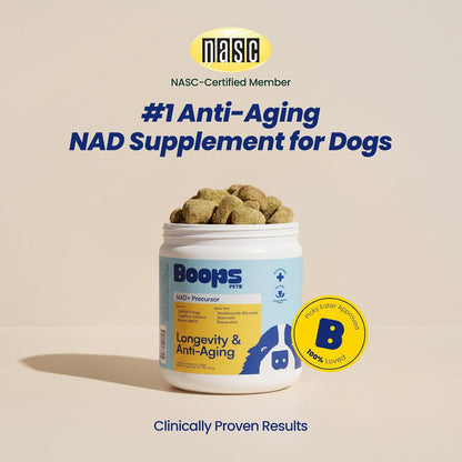 Boops Pets cellular health soft chews for aging dogs premium imported pet vitamins.