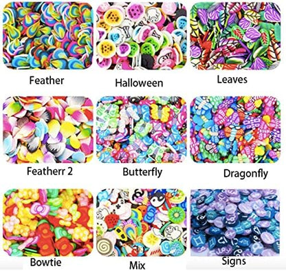 Authentic polymer clay fruit slices mixed into clear slime to create a textured and colorful crunchy appearance.