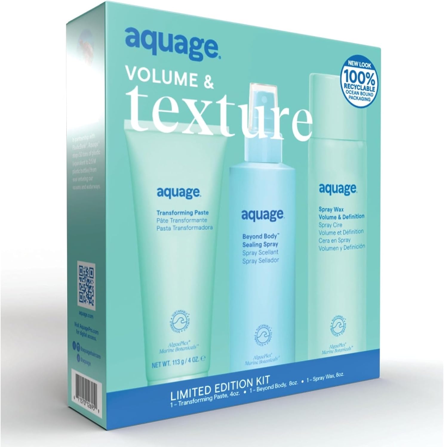 Aquage Volume and Texture Limited Edition Styling Kit front view showcasing the three haircare products for professional styling.