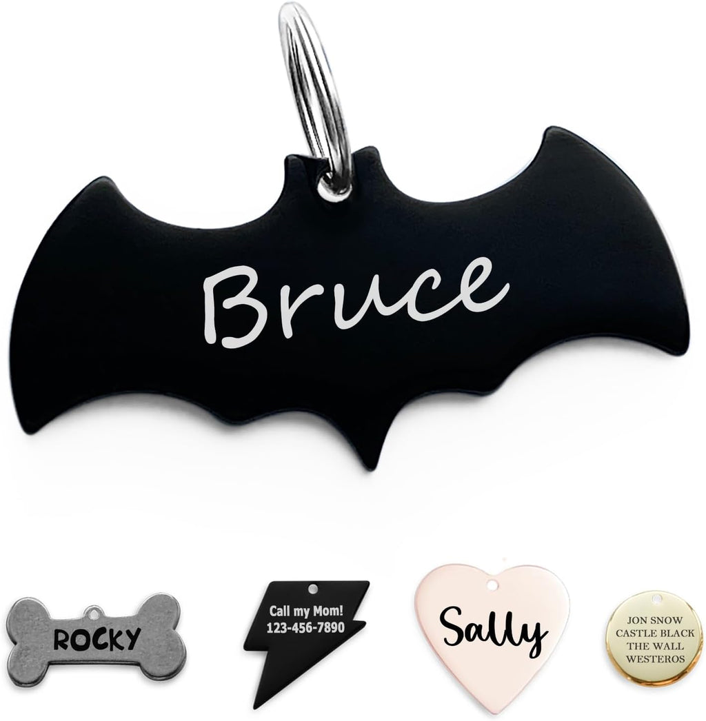 ADOGINTHEHOUSE stainless steel bat pet ID tag front view customized engraving