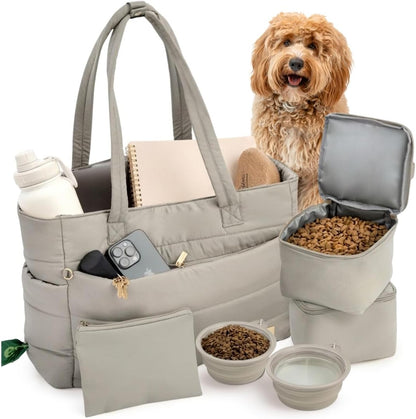 rubyloo Puffer Dog Travel Bag for Dog Moms - Doggy Diaper Bag with Pet Bowls & Food Storage or Everyday Puffy Tote - Doggy Mom Gifts for Women - Lightweight, Travel-Ready Gift for Pet Lovers - Beige - Image 9