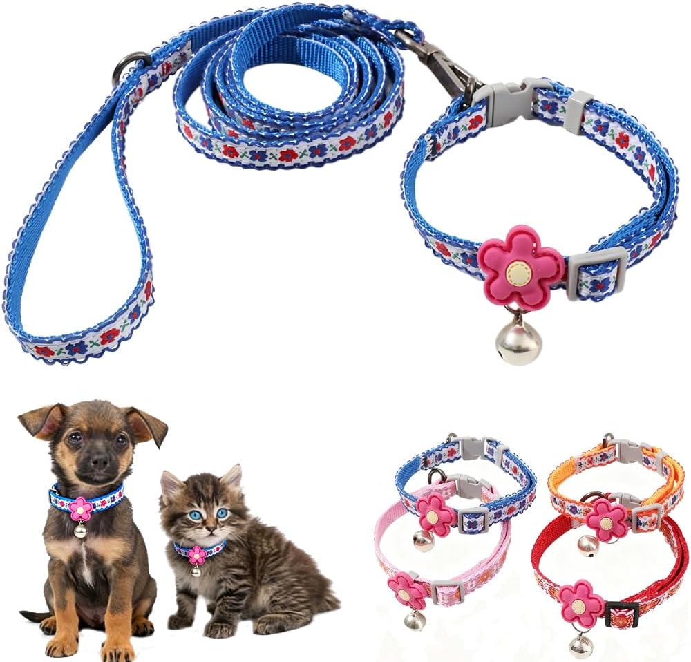 Pink XXS Dog Collar with Bell Set, Soft Flower Dogs Leash Cute Floral Cat Collars Adjustable Buckle for XS Tiny Female Girl Pets Kitten Teacup Yorkie X-Small - Image 10