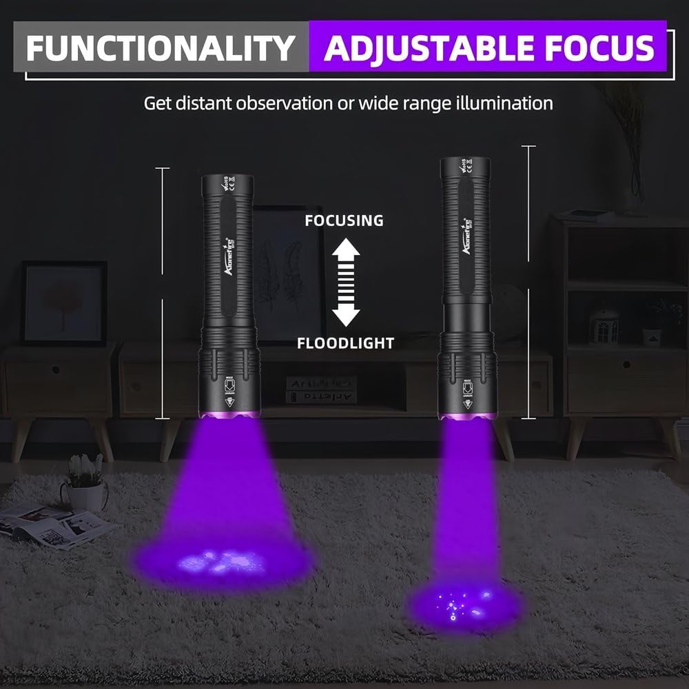 Alonefire SV137 professional UV light being used to detect dried pet stains on household carpets.