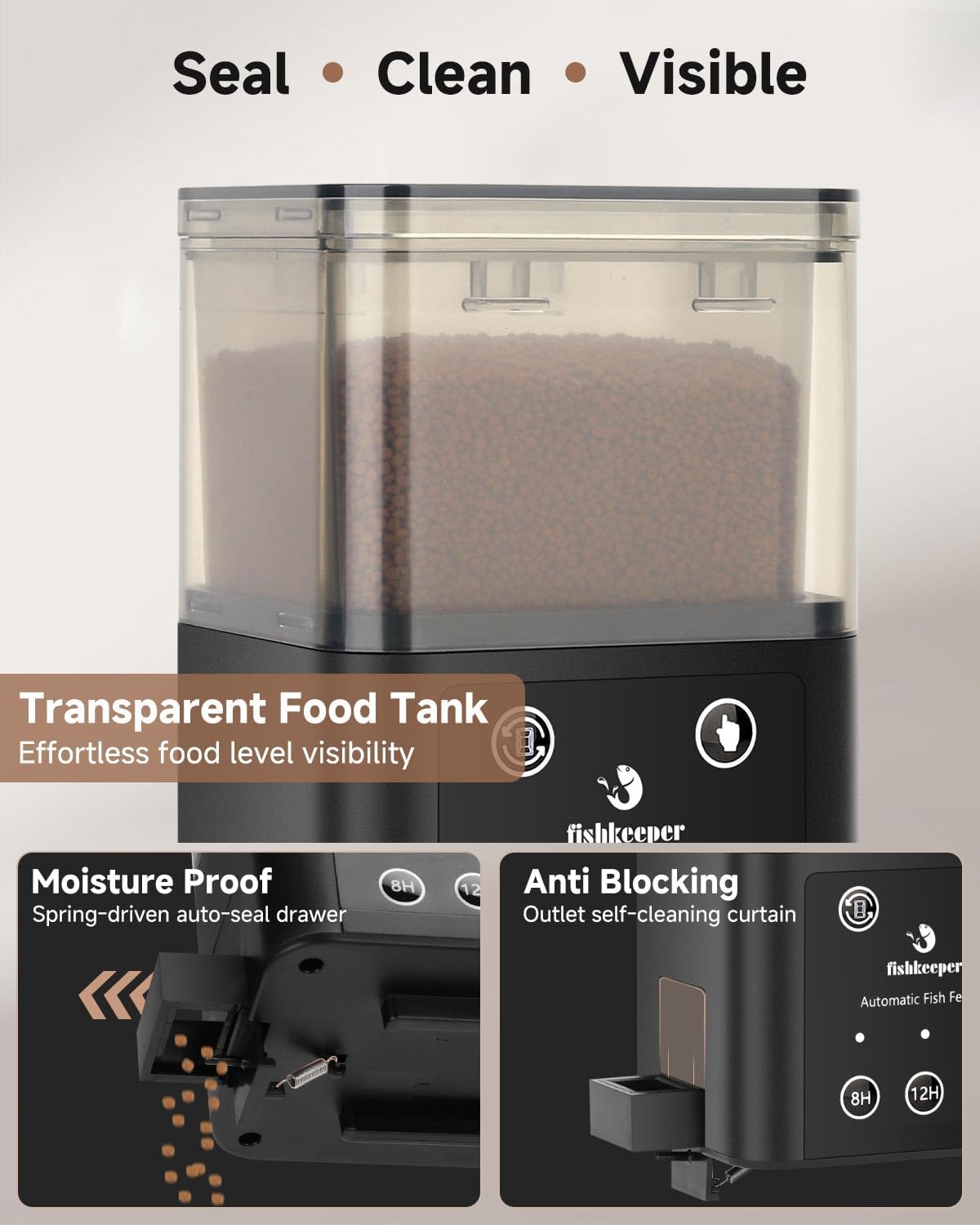 Matte black automatic fish feeder installed on aquarium glass cover