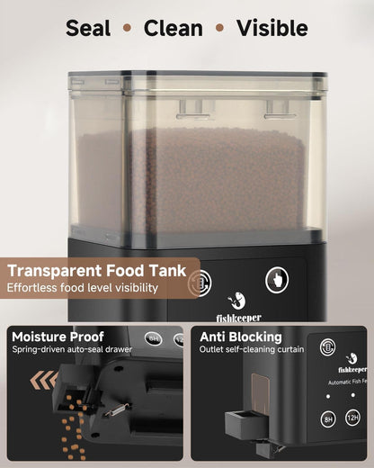 Matte black automatic fish feeder installed on aquarium glass cover