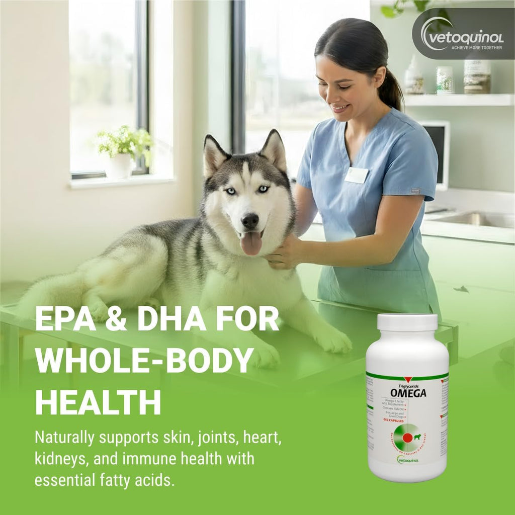 Vetoquinol Tri-Omega fatty acids supplement label showing premium ingredients