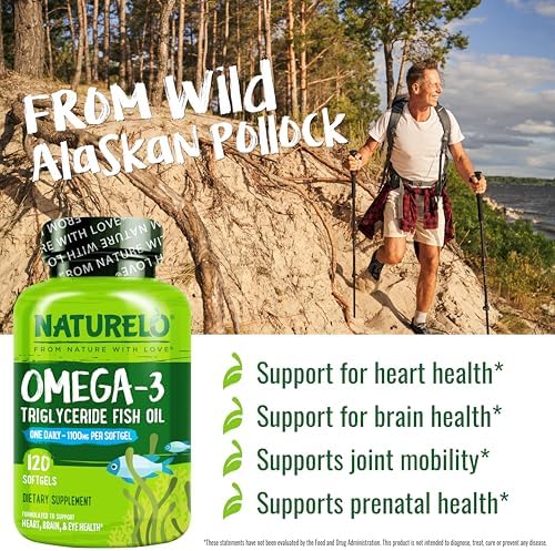 NATURELO premium fish oil 120 softgels back label showcasing EPA and DHA ingredient facts