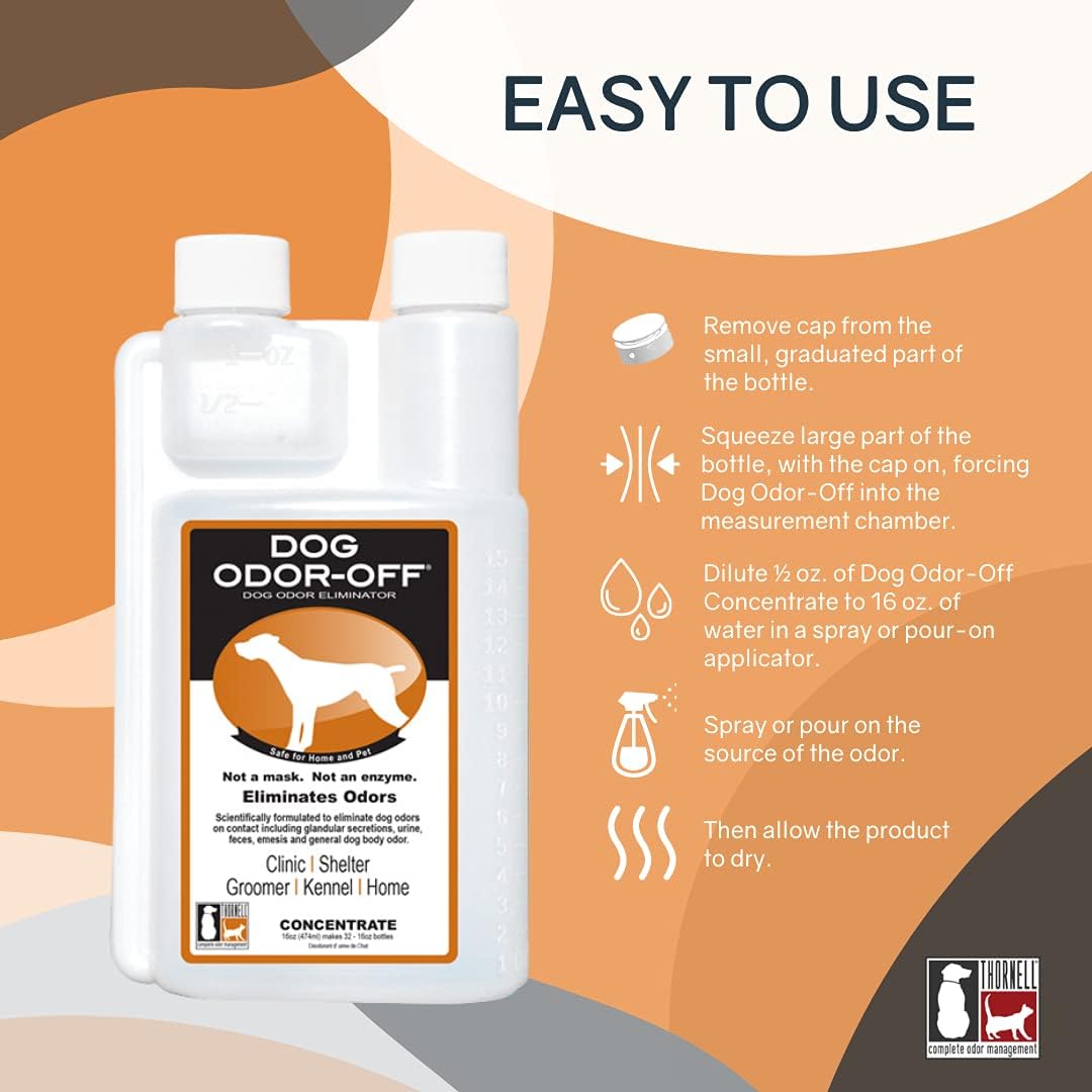 Thornell Dog Odor-Off Carpet Concentrate bottle angled shot showing veterinary strength details.