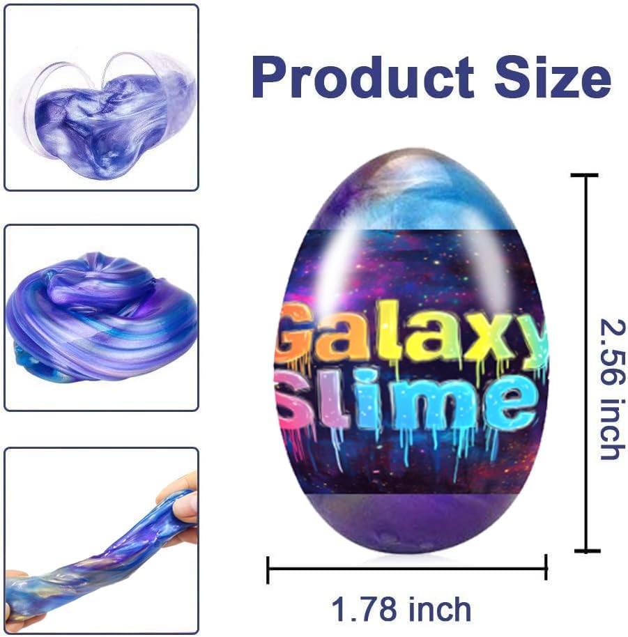 Six pack of multicolor cosmic slime stress relief toys in individual egg packaging