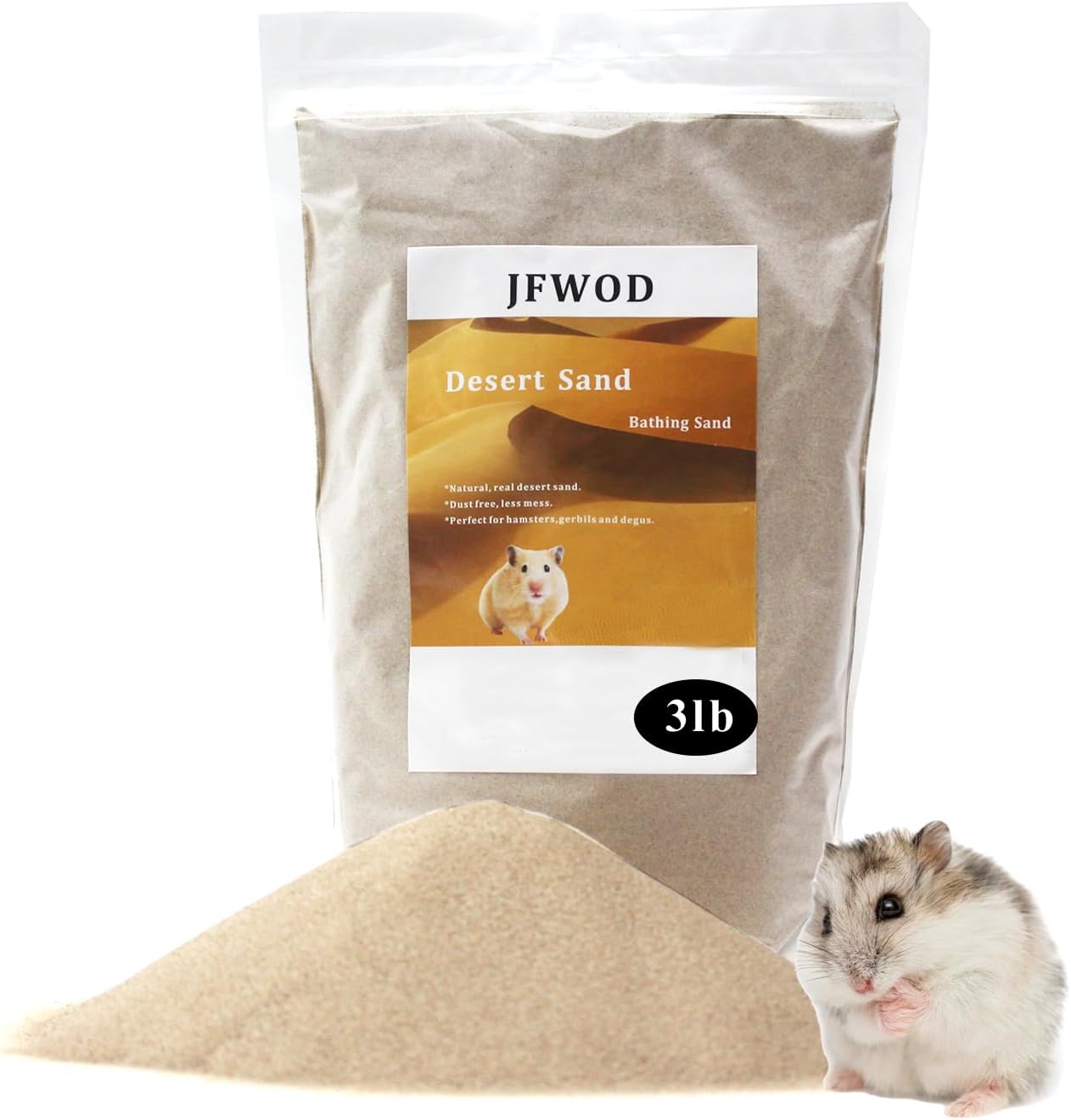 Jfwod Hamster Bath Sand 3lb bag front view for small animals
