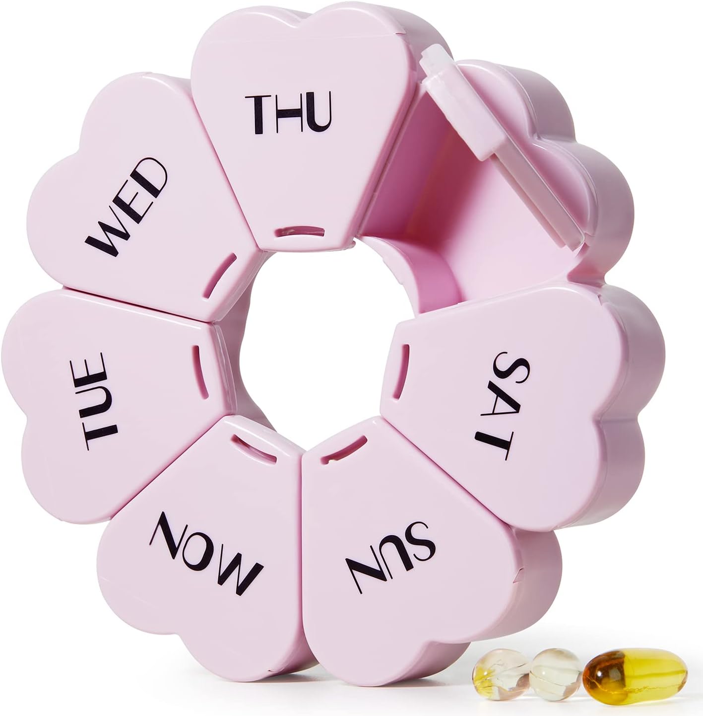 MOLN HYMY weekly pill organizer front view showing the heart shaped purple and pink design.