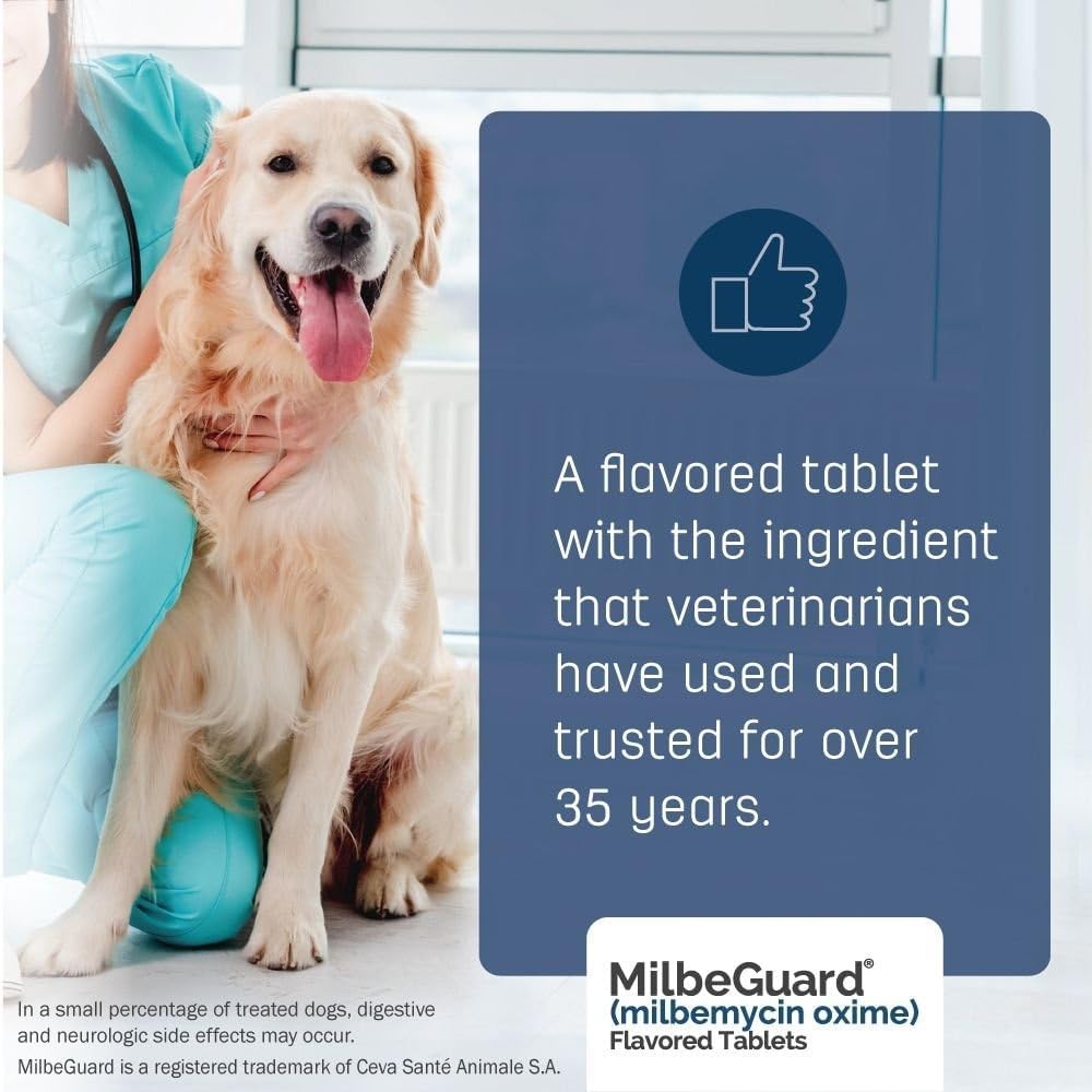 Close up of MilbeGuard packaging labels and dosage information