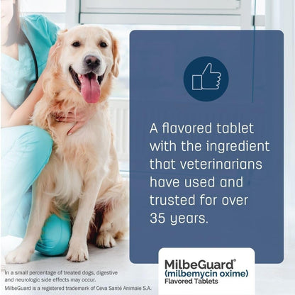 Close up of MilbeGuard packaging labels and dosage information