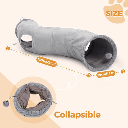 Grey suede cat play tube collapsed flat with secure ties for easy storage.