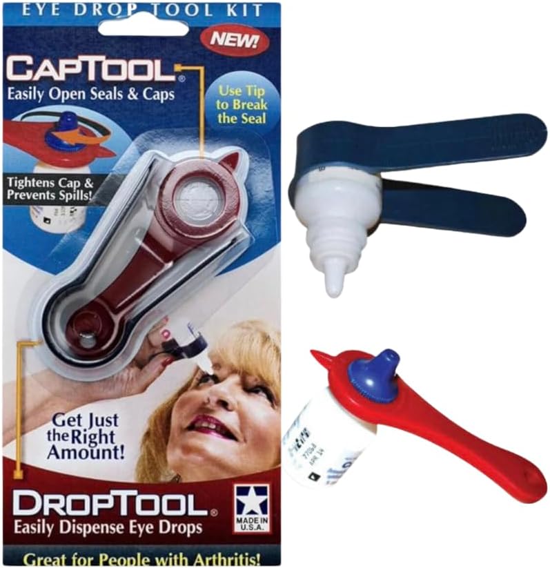 Generic CapTool Eye Drop Tool Kit front view of two piece opening and squeezing device