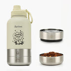 Pawccoli stainless steel dog water bottle cream front view on a hiking trail