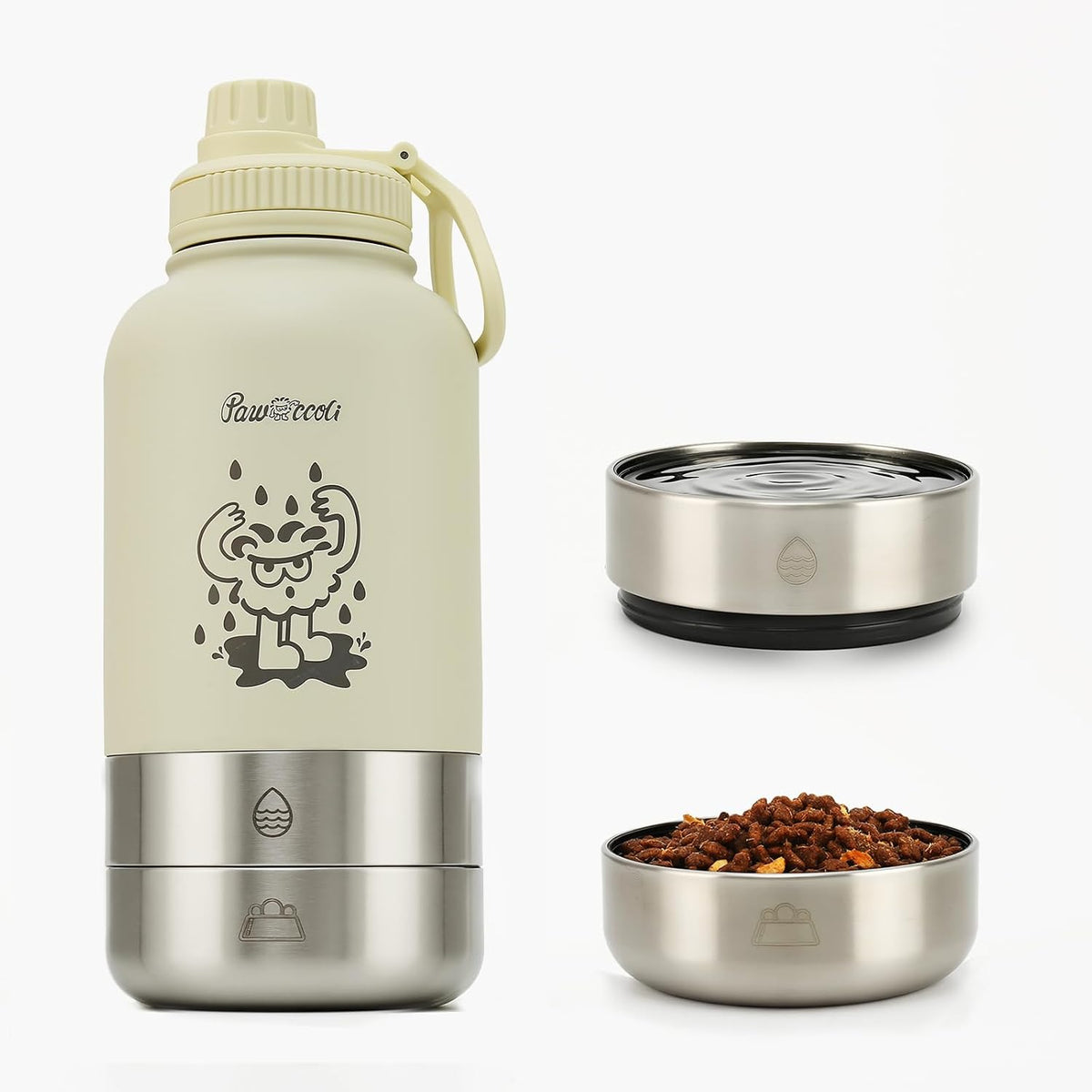 Pawccoli stainless steel dog water bottle cream front view on a hiking trail