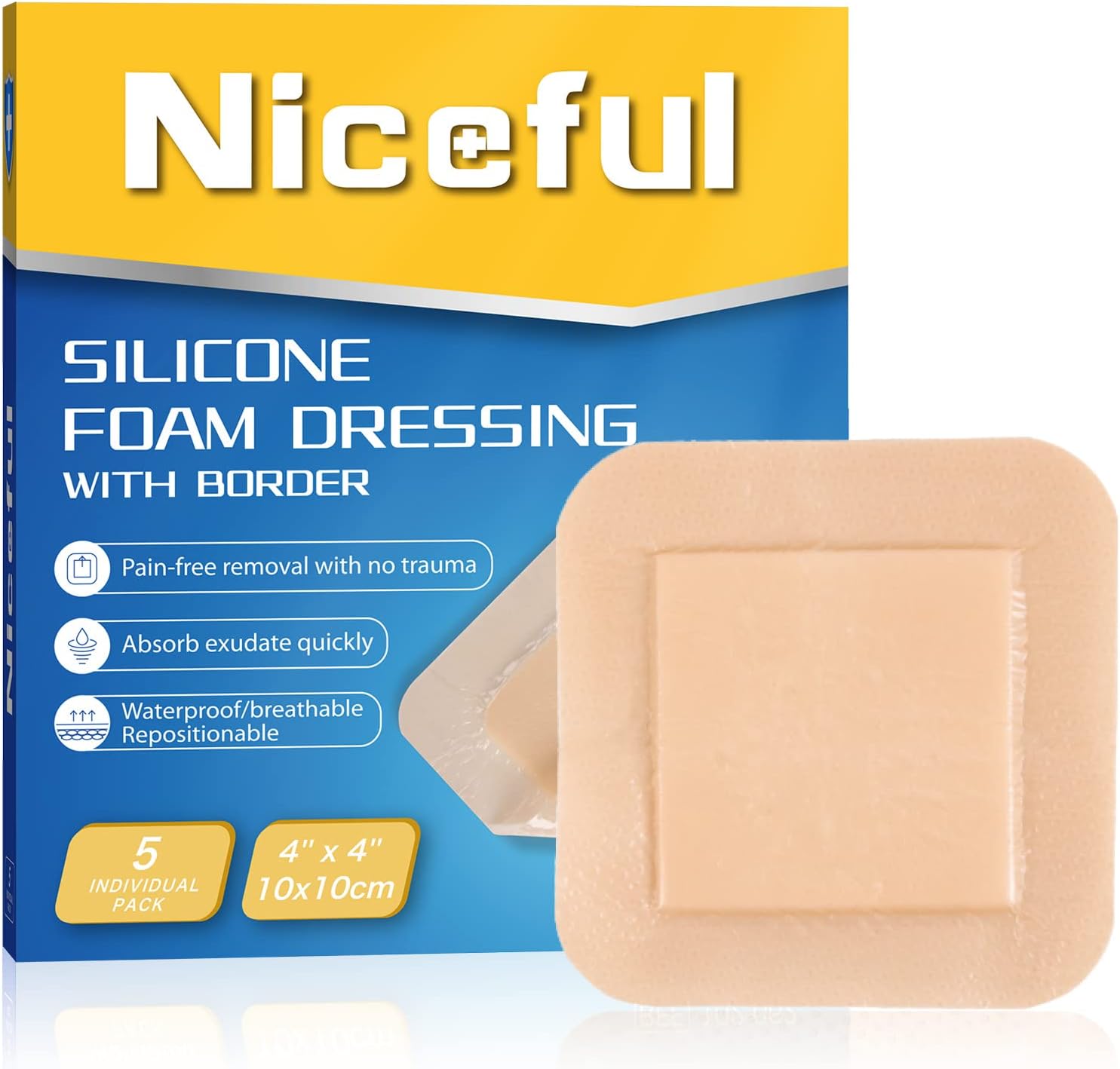 Niceful Silicone Foam Dressing 4x4 box front view showcasing clinical wound care packaging