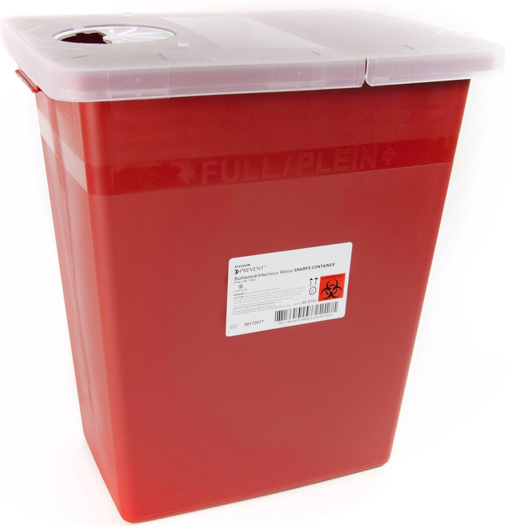 McKesson Prevent Sharps Container front view 8 gallon red biohazard bin