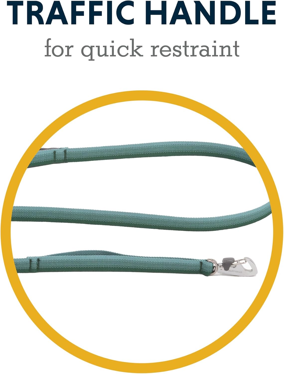 Durable green Tubelok webbing on Ruffwear pet leash side profile