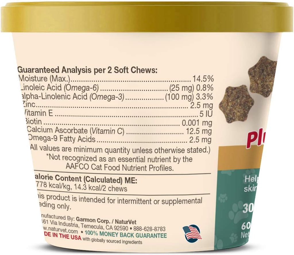 NaturVet feline omega 3 and omega 6 skin supplement chews nutrition label