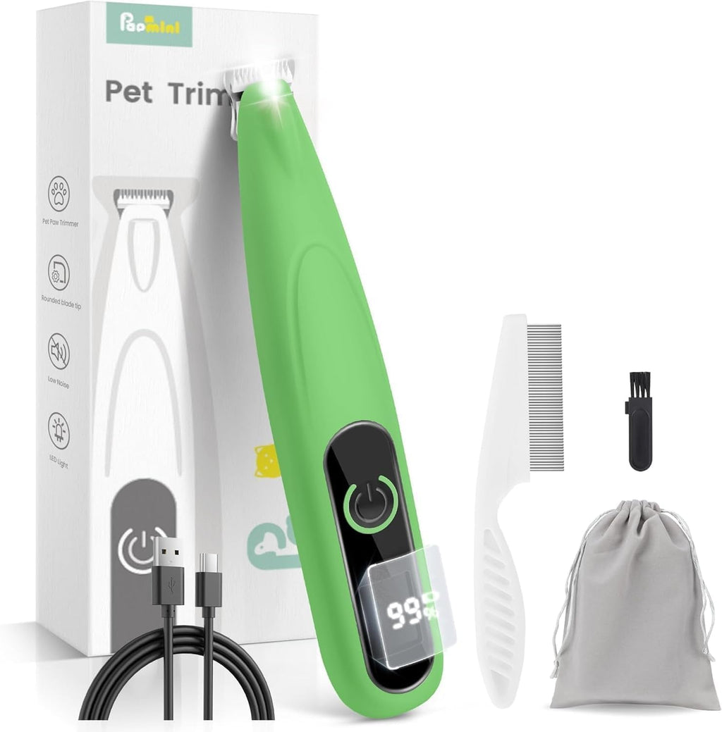 PAPMINI Dog Grooming Kit front view showing green body and digital LED battery display screen.