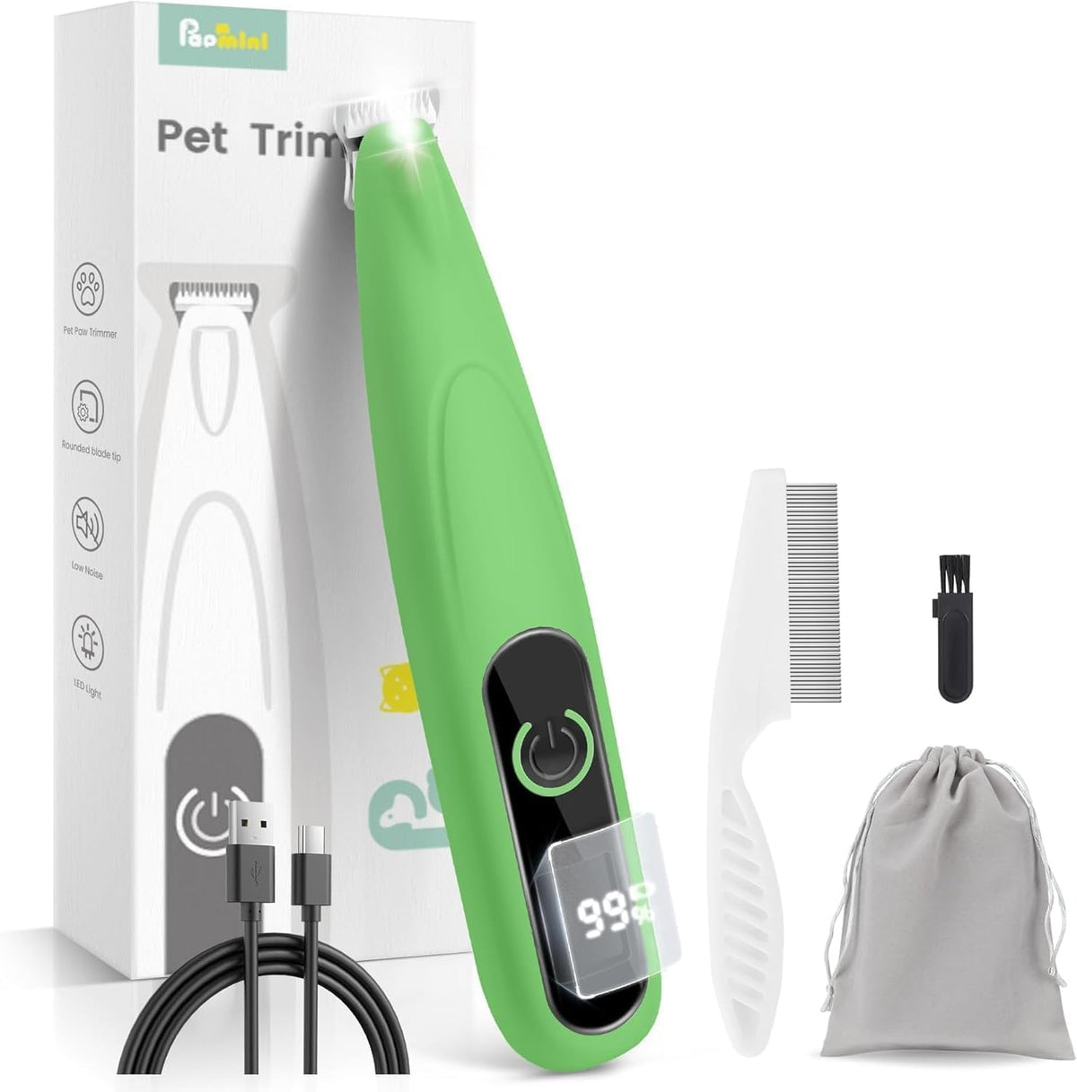 PAPMINI Dog Grooming Kit front view showing green body and digital LED battery display screen.