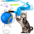 Mity Rain Interactive Cat Toy Ball front view showing the blue motion-activated rolling pet toy with attached feather tail.