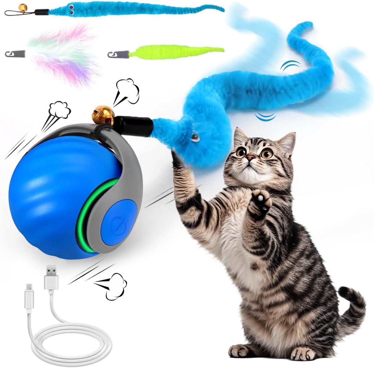 Mity Rain Interactive Cat Toy Ball front view showing the blue motion-activated rolling pet toy with attached feather tail.
