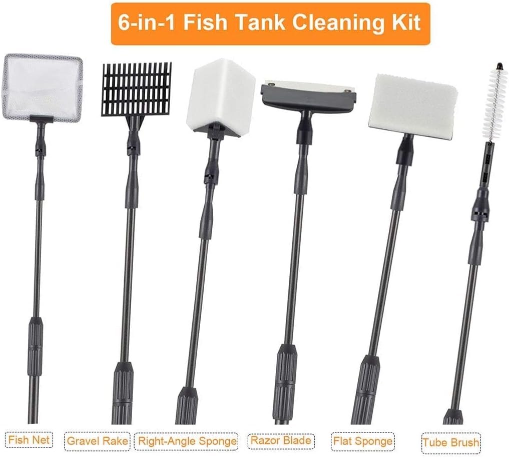 Hygger aquarium maintenance set featuring swappable gravel rake and flat sponge scrubber heads.