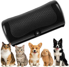 YEAHGO deshedding dog brush front view showing black ergonomic handle and stainless steel teeth.