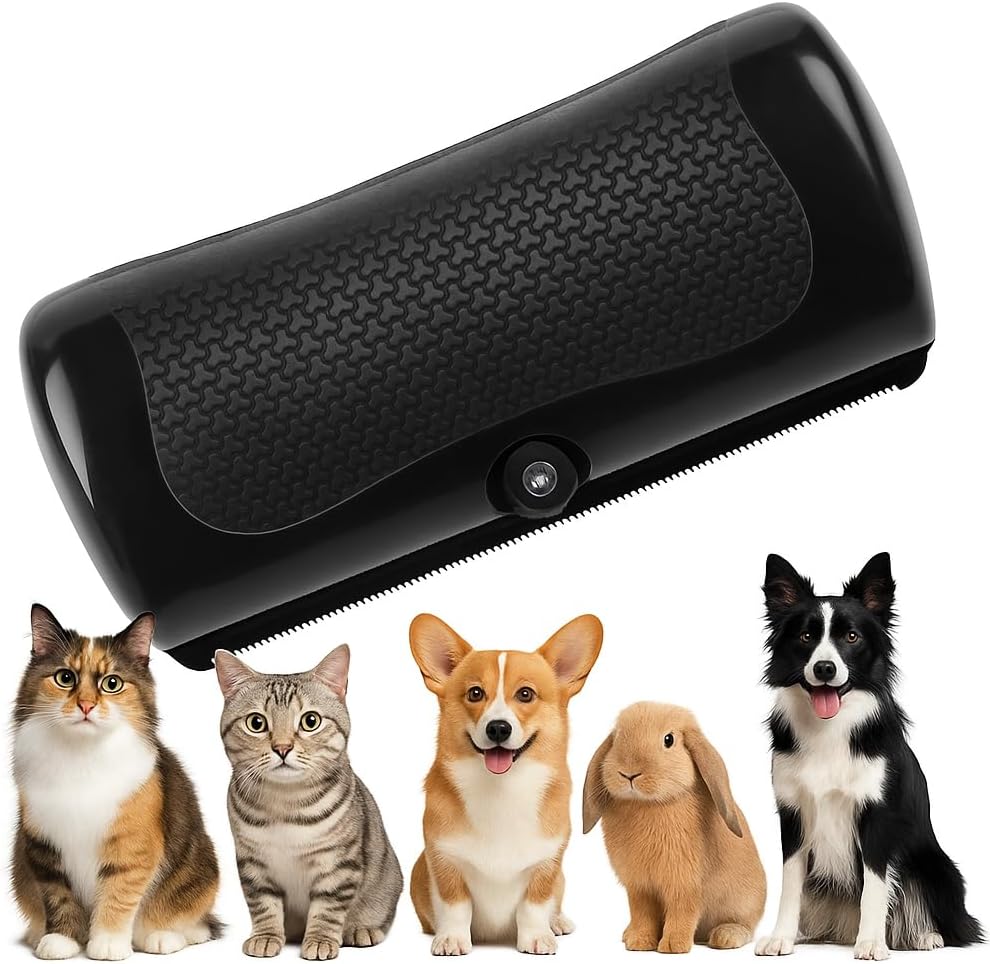 YEAHGO deshedding dog brush front view showing black ergonomic handle and stainless steel teeth.