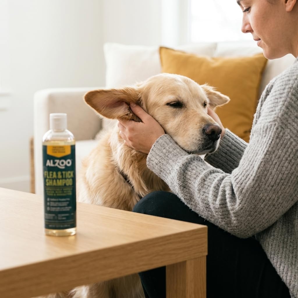 ALZOO plant based dog shampoo label showing active ingredients and directions