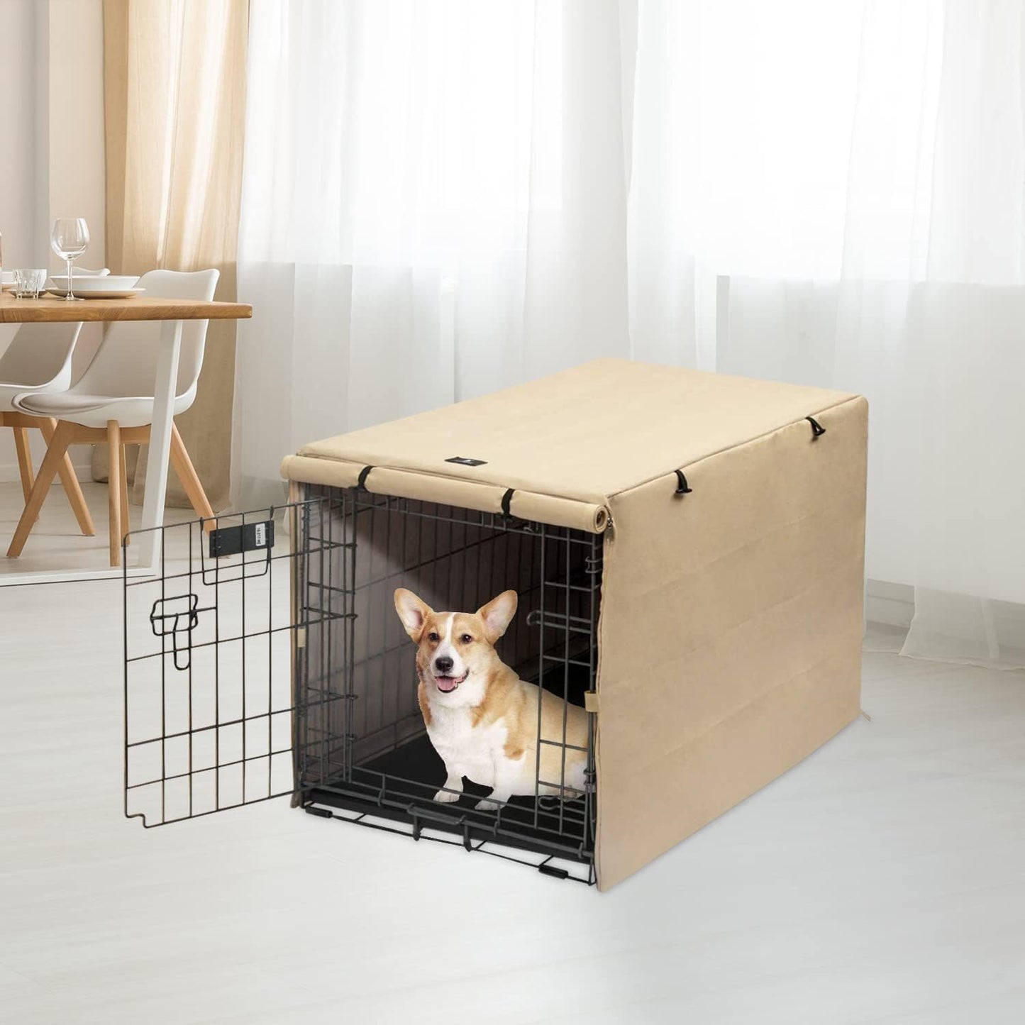 X-ZONE PET privacy kennel cover showing corner Velcro attachments on metal crate
