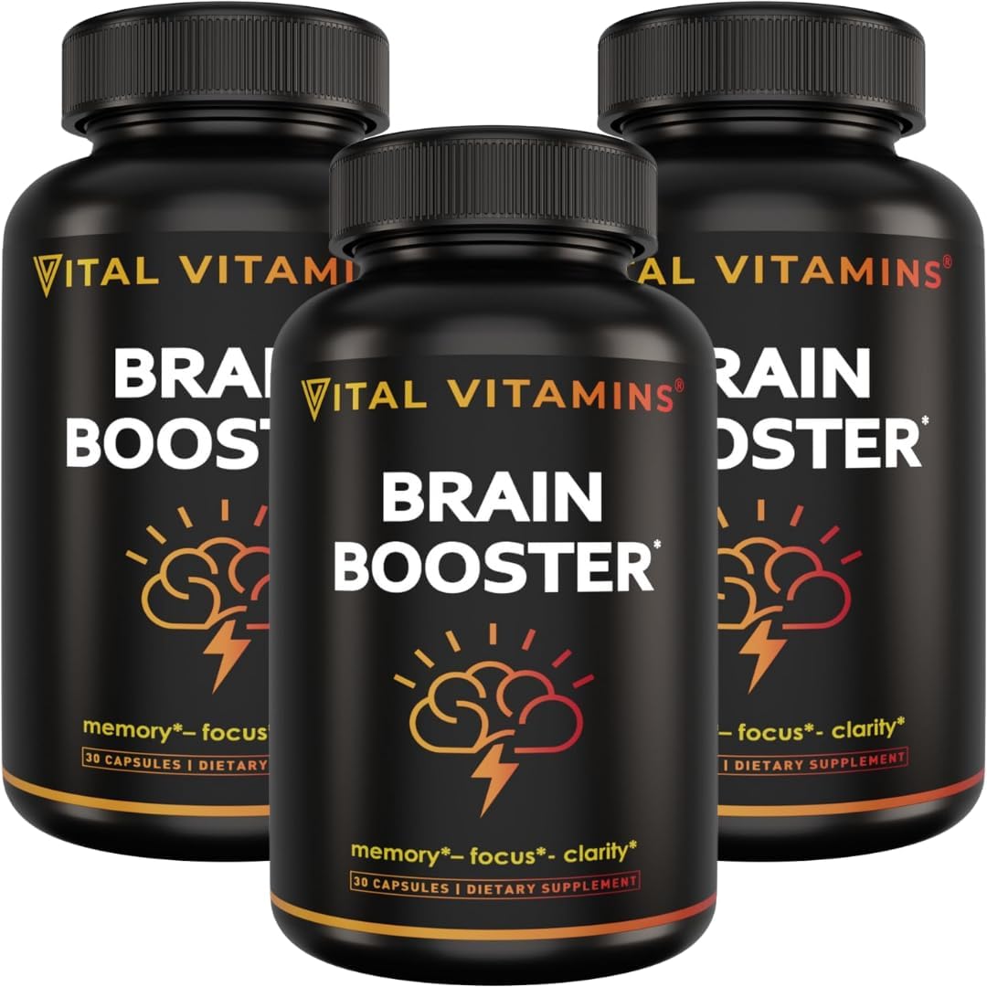 Vital Vitamins Brain Booster Supplement front view showcasing the ninety vegetarian capsules pack.