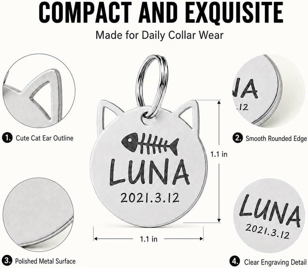 Customized round hollowed out metal collar pendant for small dogs displayed on a kitten neck.