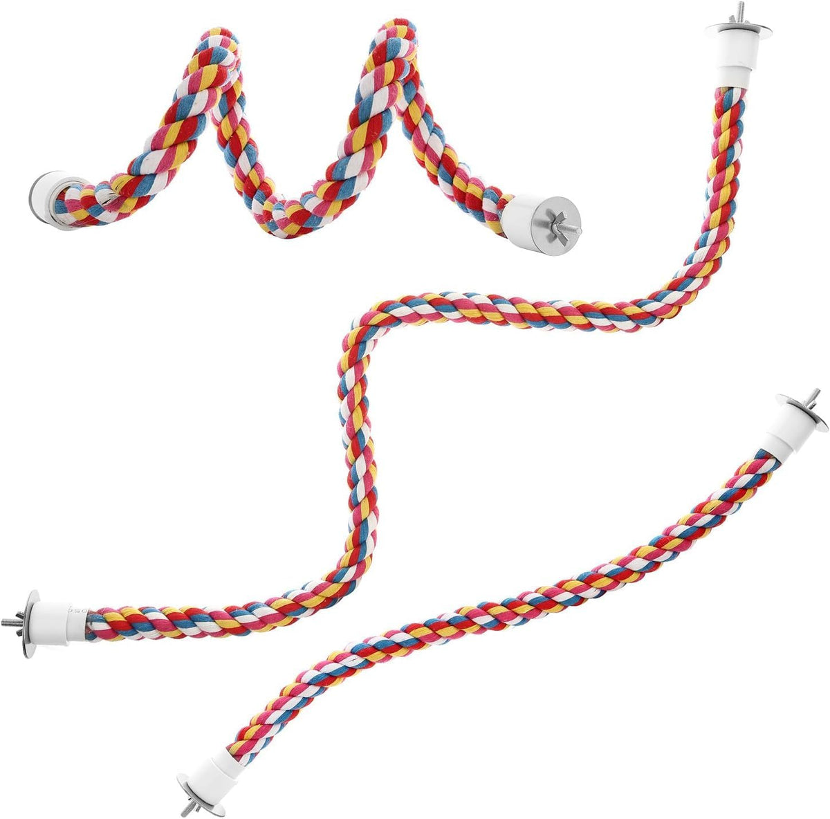 Multi-colored cotton bungee perch installed in a wire bird cage