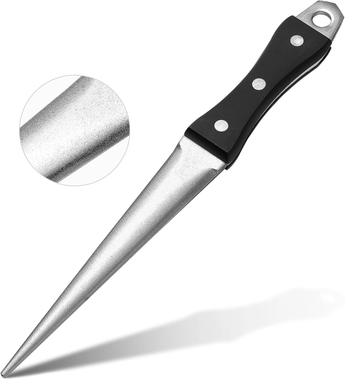 Calandis hoof knife sharpener front view showing the diamond rod and wooden handle.