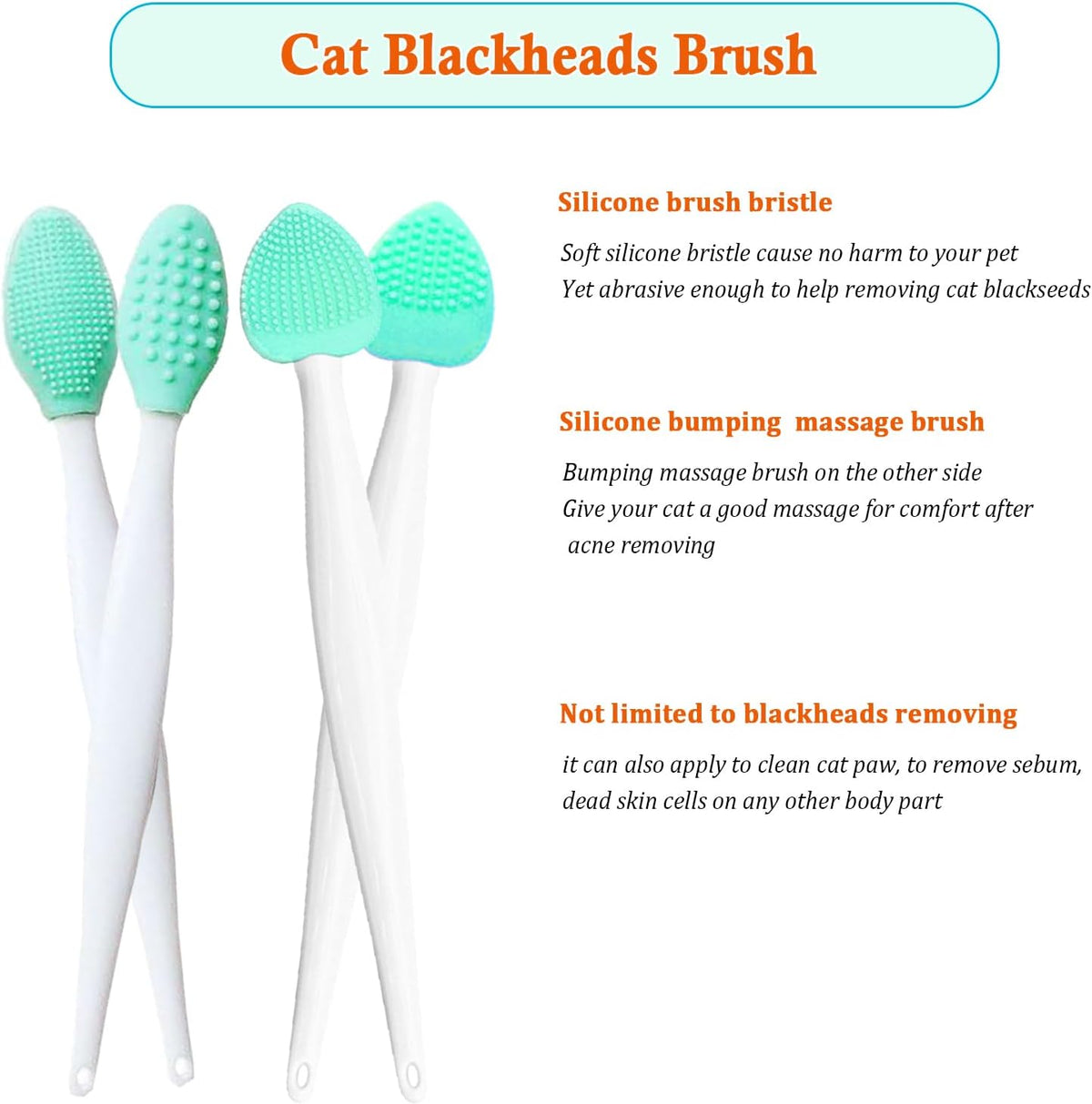 Dual sided cat chin cleaning brush showing thin bristles and massage dots.