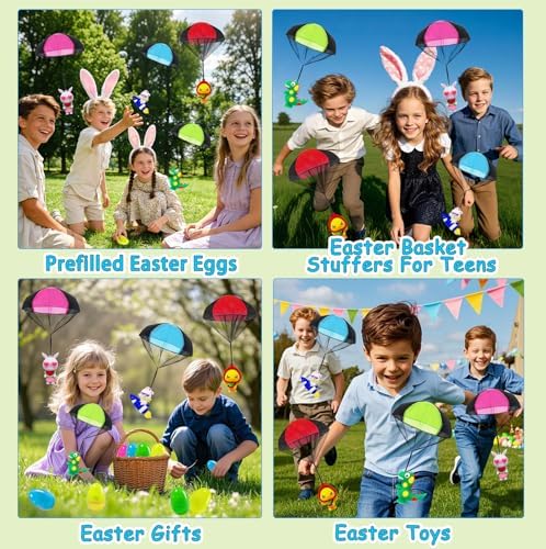 Four colorful plastic easter eggs opened to show the neatly packed tangle free outdoor toys inside.