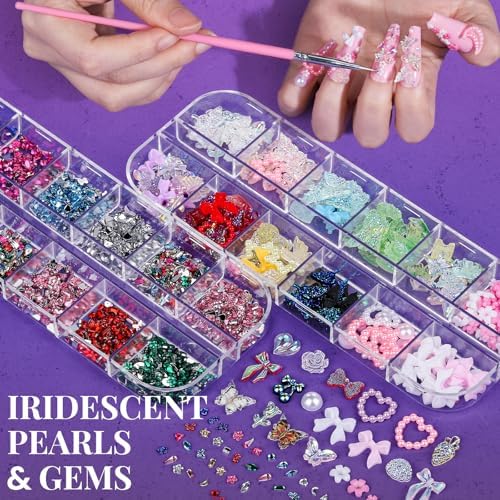 Six boxes of assorted 3D nail charms and gems