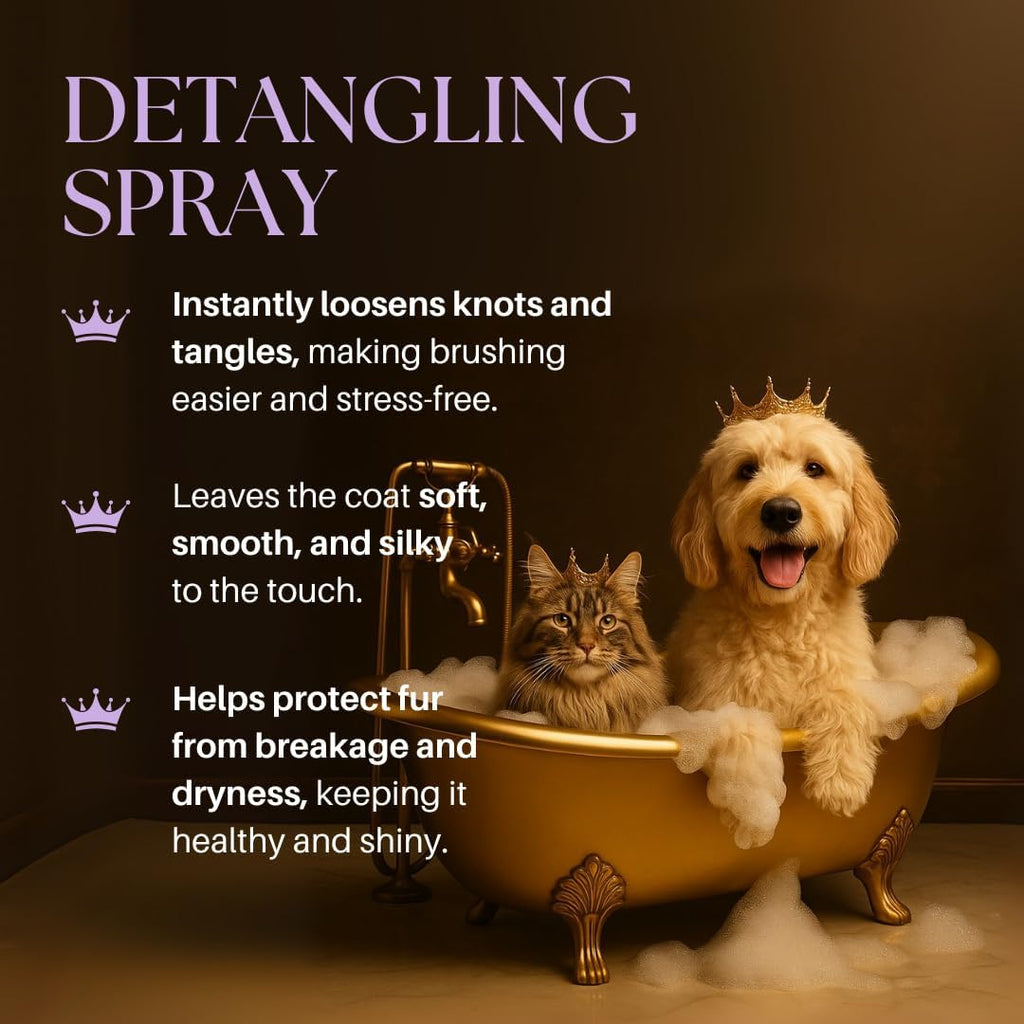 Pet owner using Barkin And Meowson spray on a dog coat