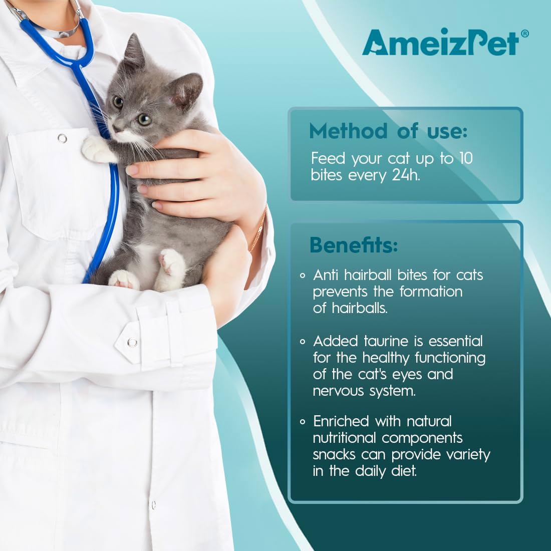 Back label of AmeizPet chicken flavored biscuits with ingredients and feeding guidelines.