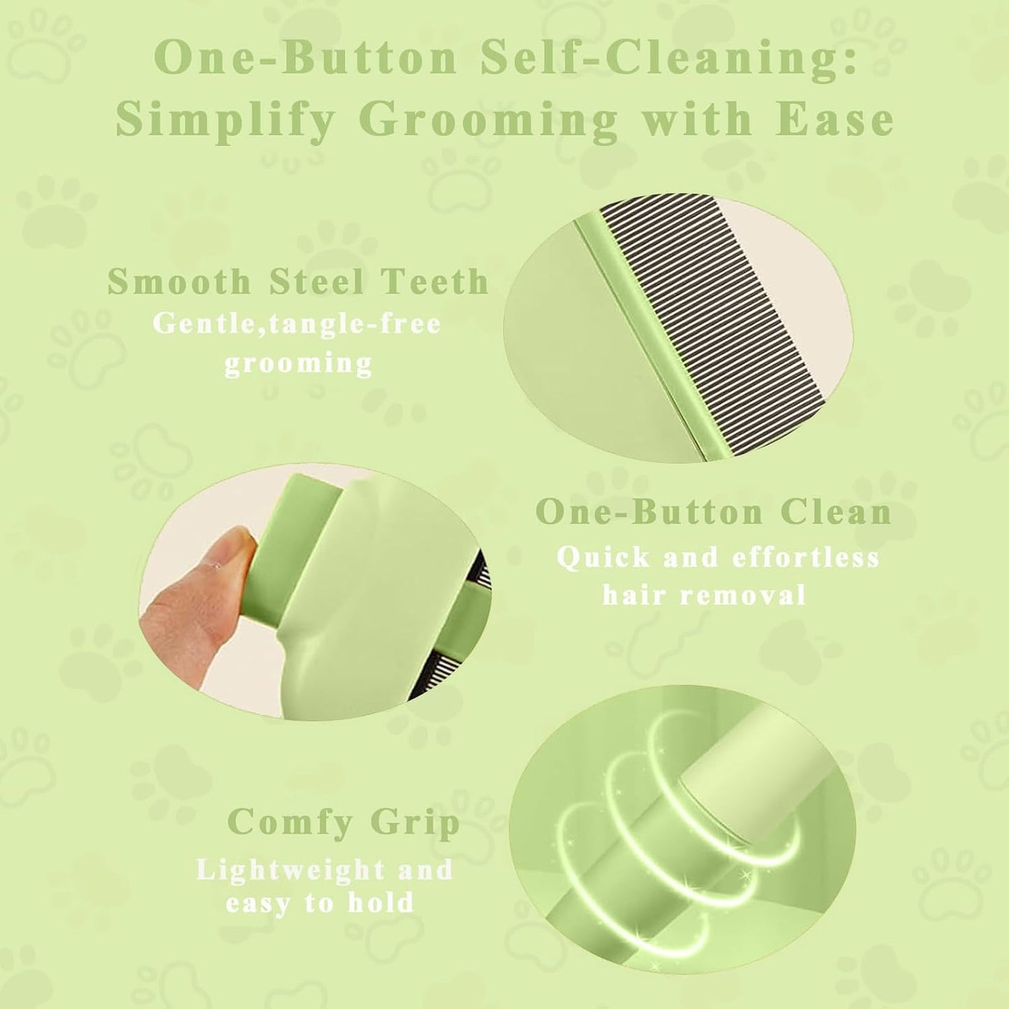 TerraKin pet grooming tool showing one-click self-cleaning feature
