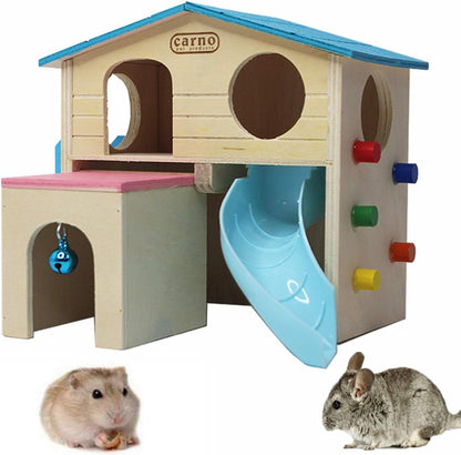 kathson Hamster House Pets Small Animal Hideout with Funny Climbing Ladder Slide Wooden Hut Play Toys Chews for Small Animals Like Dwarf Hamster and Mouse(Blue) - Image 1