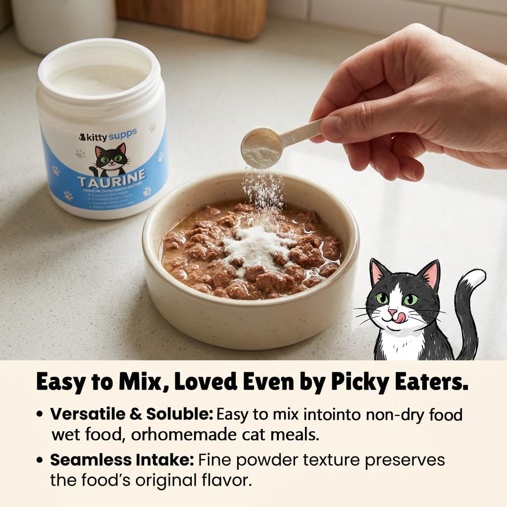 Cat health supplement pure taurine powder lifestyle image with domestic cat