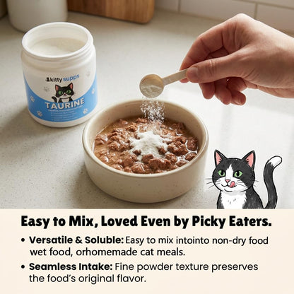 Cat health supplement pure taurine powder lifestyle image with domestic cat